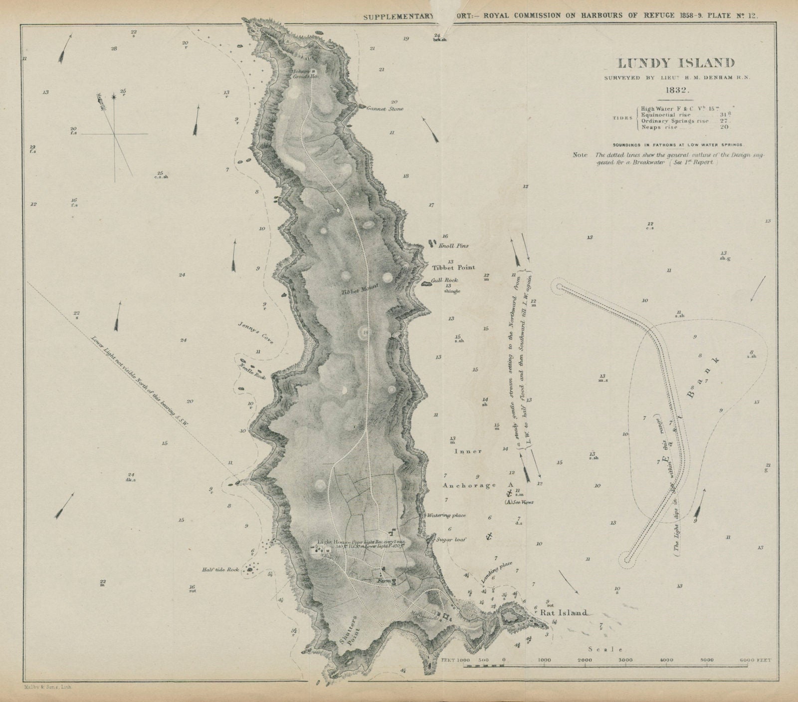 Lundy Island surveyed by Lt. H M Denham. Proposed breakwater. Devon 1859 map